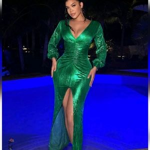 NWT Emerald green ruched front long sleeve slit dress